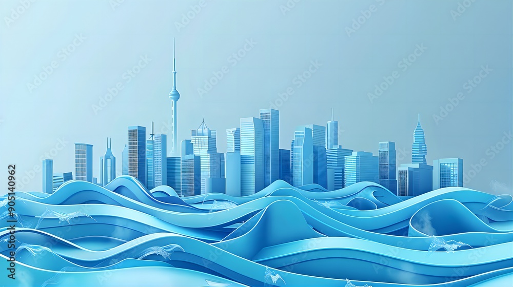 Modern City Skyline with Waves Modern City Skyline with Waves