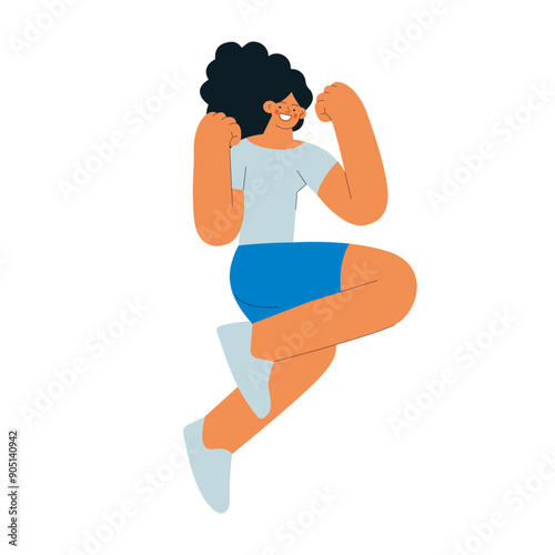 Happy business employee woman jumping in the air cheerfully isolated on white background. Modern flat vector illustration. Social media concept.