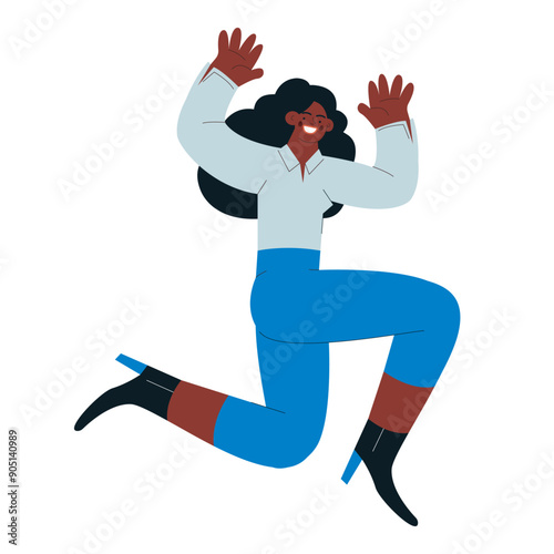 Happy business employee woman jumping in the air cheerfully isolated on white background. Modern flat vector illustration. Social media concept.