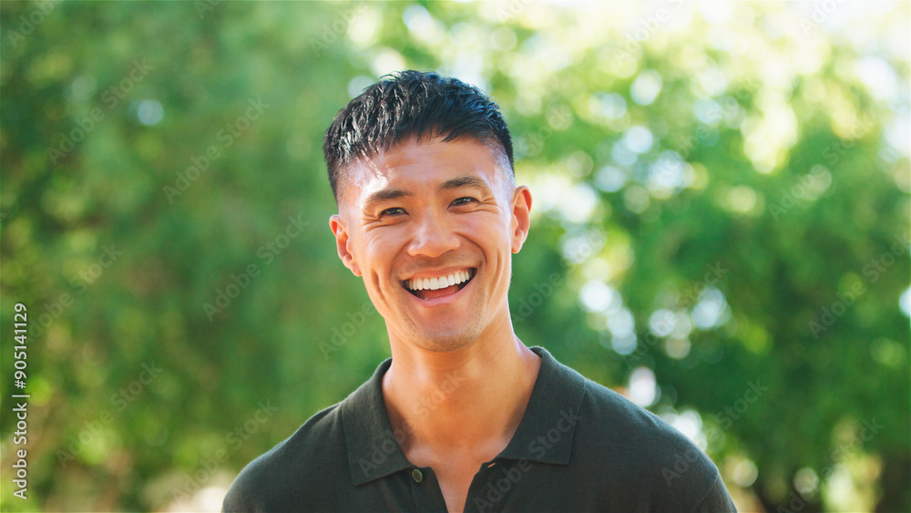 Smiling Man in Green Shirt Enjoying a Sunny Day Outdoors Surrounded by Trees Smiling Man in Green Shirt Enjoying a Sunny Day Outdoors Surrounded by Trees