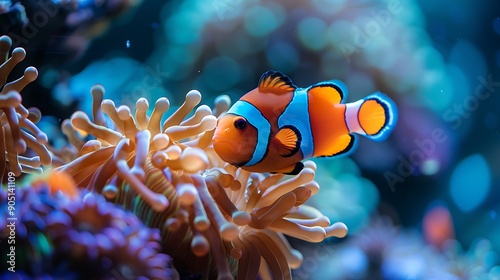 A close-up view of a clownfish swimming near a bright, colorful anemone in a well-lit aquarium. The intricate details of the coral and the fish's vibrant colors are highlighted by the soft, photo