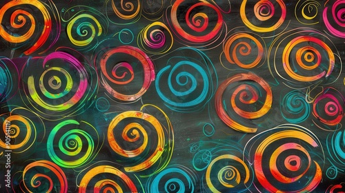 A chalkboard features vibrant spirals and abstract shapes, inspiring creativity and imagination during a learning activity in a classroom. Generative AI