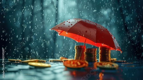 Wallpaper Mural Red umbrella with raindrops protecting stacks of gold coins, symbolizing safety and protection, Ideal for financial security, investment protection Torontodigital.ca
