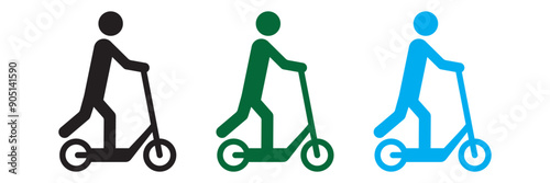 Electric scooter with man icon, kick bike ride, fast city bicycle, people lifestyle, generation, motion future technology, thin line symbol on white background - Vector illustration.