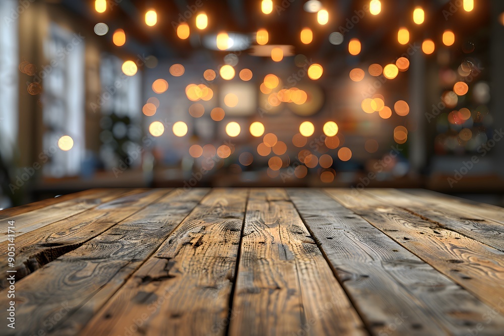 Rustic Wooden Table with Bokeh Lights in Cozy Restaurant Interior for Dining Themes Rustic Wooden Table with Bokeh Lights in Cozy Restaurant Interior for Dining Themes