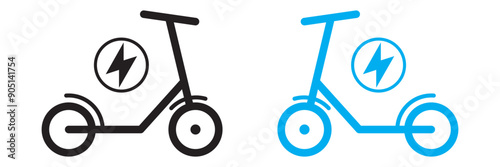 Electric kickboard icon set isolated on white background. Electric scooter icons in black and blue. Vector illustration. EPS 10.