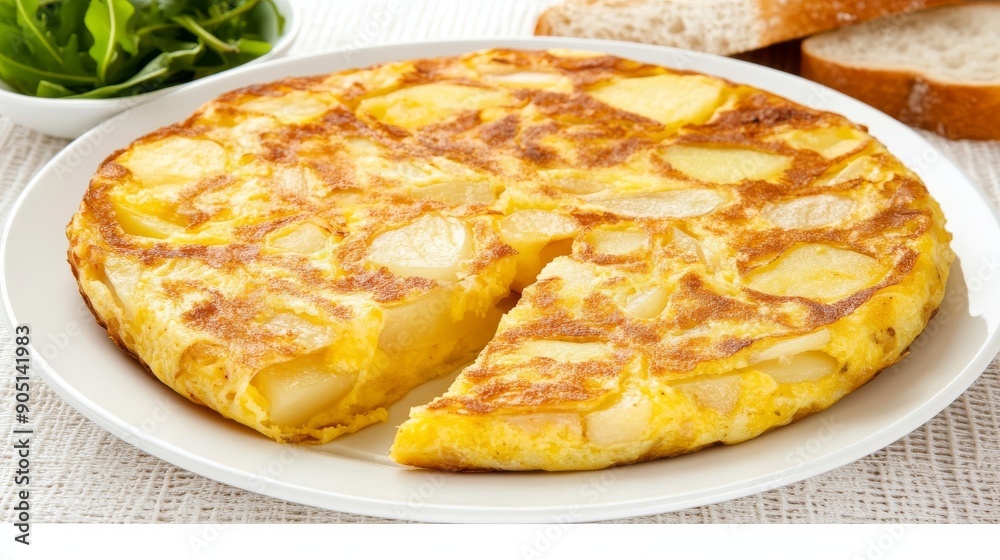 Classic Spanish omelet with potatoes on a white plate. Golden and fluffy texture makes it perfect for breakfast or lunch. Classic Spanish omelet with potatoes on a white plate. Golden and fluffy texture makes it perfect for breakfast or lunch.