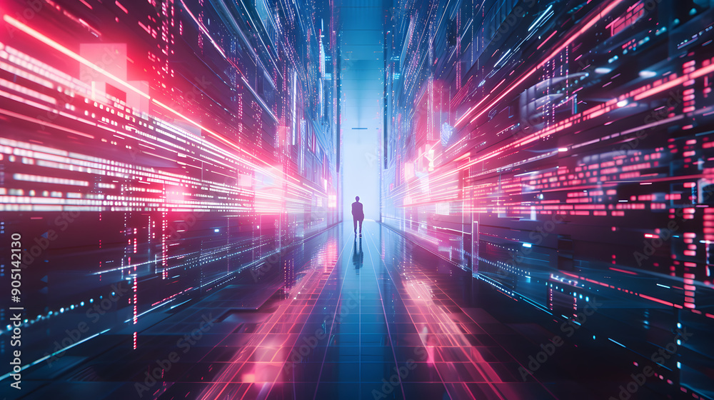 Silhouette of a person walking in a futuristic corridor of data and lights.