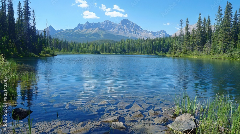 Fototapeta premium A serene scene of a body of water encircled by majestic pine trees, featuring a rugged rocky shoreline and prominent mountains in the backdrop
