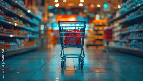 Shopping Cart in a Supermarket Aisle