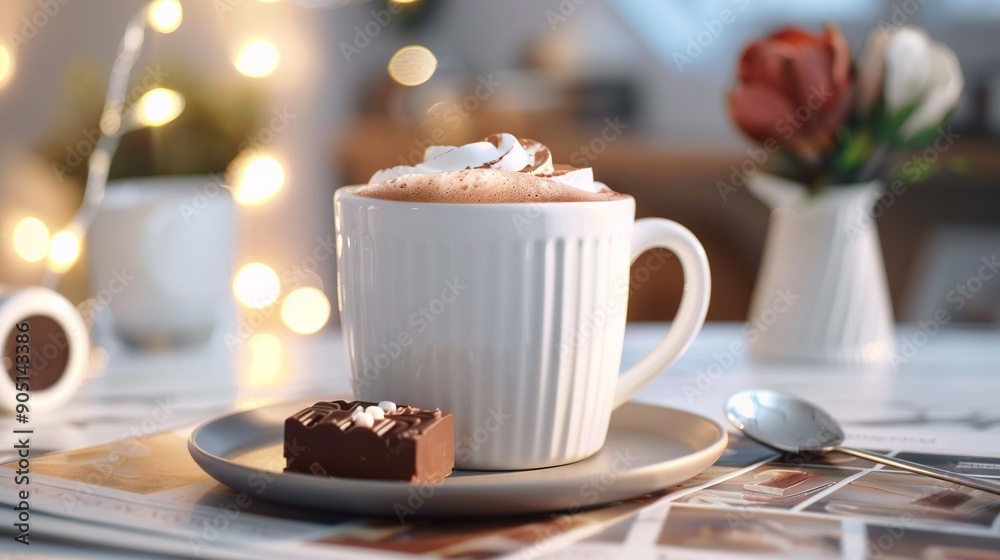 A cup of hot chocolate with marshmallows on a saucer nearby a spoon and a flower A cup of hot chocolate with marshmallows on a saucer nearby a spoon and a flower