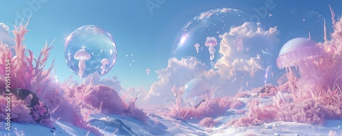 Surreal landscape with floating jellyfish in a fantastical pink and blue environment