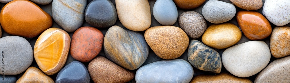 Close-up of smooth, colorful river rocks.