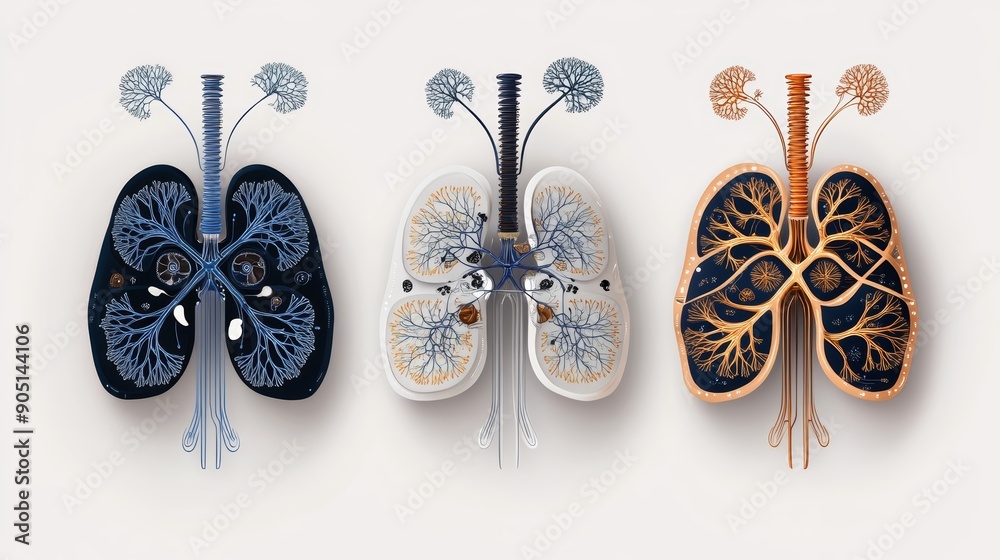 Three stylized human lungs, each with different color palettes and ...