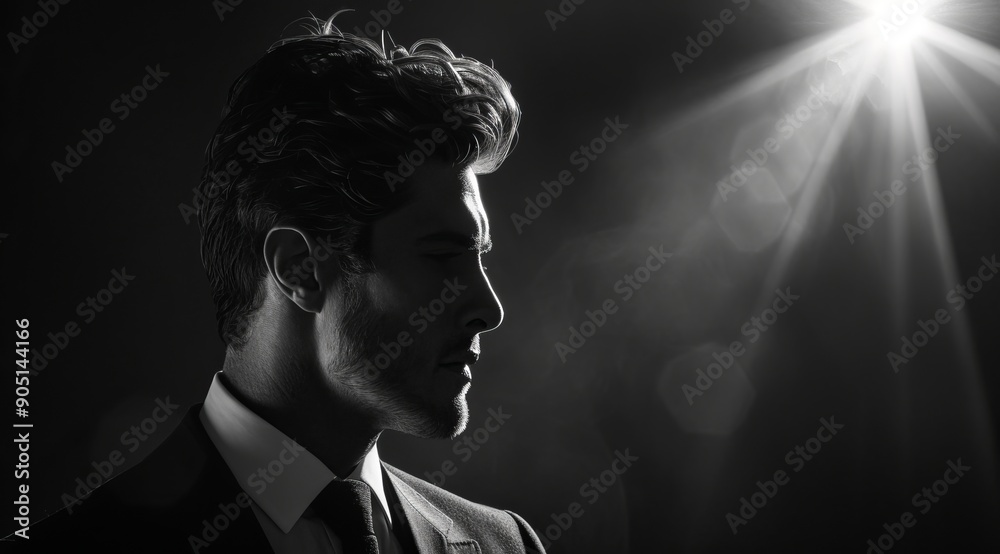 Profile of a Man in Formal Attire Against a Dramatic Light Source Profile of a Man in Formal Attire Against a Dramatic Light Source