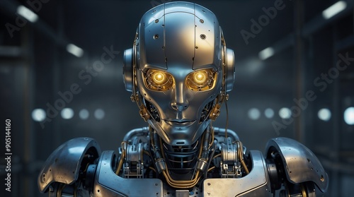 A futuristic robot that features illuminated eyes as part of an advanced technology concept