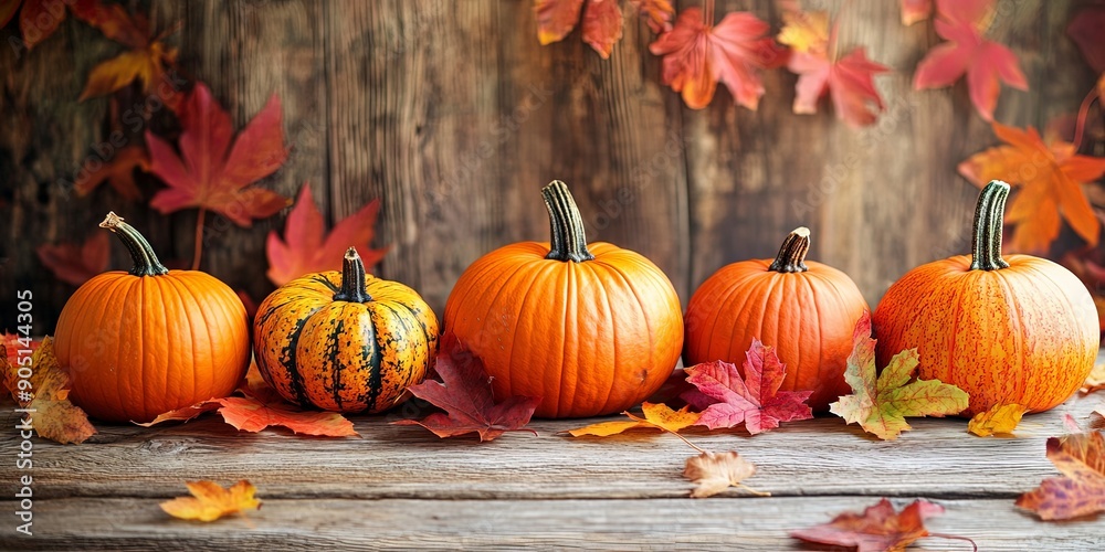 Assorted Autumn Pumpkins with Fall Leaves on Wood Assorted Autumn Pumpkins with Fall Leaves on Wood