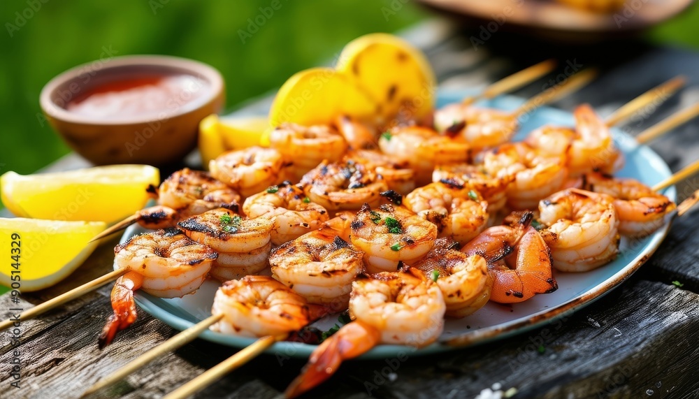 Brochetas de camarones a la parrilla servidas con rodajas de limón y salsa. Brochetas de camarones a la parrilla servidas con rodajas de limón y salsa.