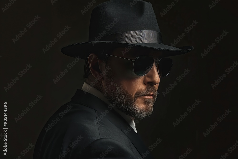 Mysterious Man in Dark Suit and Fedora Against Black Background Mysterious Man in Dark Suit and Fedora Against Black Background
