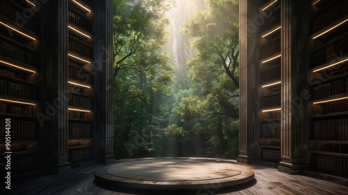 A circular platform sits within a mystical forest, framed by glowing shelves. Sunlight streams through the dense foliage, illuminating the scene.