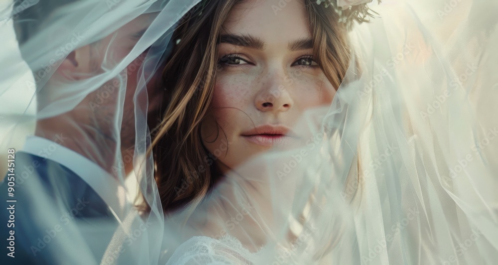 A beautiful bride and groom with veil blowing in the wind. A beautiful bride and groom with veil blowing in the wind.