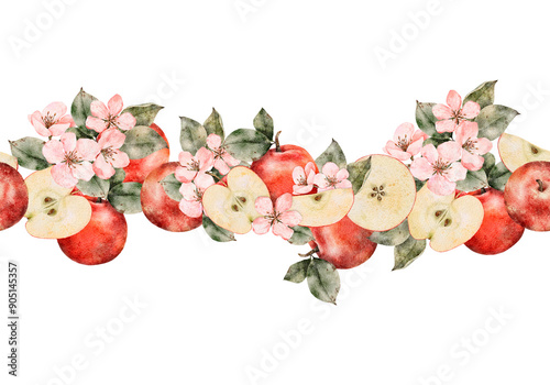 Seamless border of fresh red apples with leaves and flowers. Food texture. Repeating red, juicy apples whole. Watercolor Illustration fruit for juice pack, tablecloth, cover, apron, apple picking or