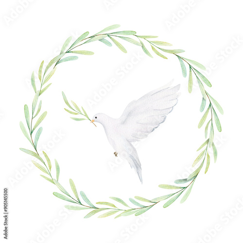 Watercolor white dove and olive branches. White birds in laurel wreath. Pigeon clip art. Hand drawn illustration isolated on background. Decorative design elements