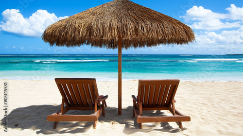 Two wooden beach chairs sit under a palapa umbrella on a sandy beach, facing the turquoise ocean and a clear blue sky.
