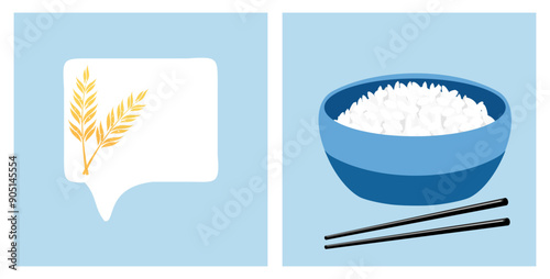 Rice or wheat icon sign and rice bowl with chopsticks on blue background vector. Cute cartoon food.