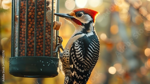 A dynamic image of a woodpecker feeding on a bird feeder outside a window, with the forest visible in the background. The midday sun highlights the vibrant colors and textures. photo