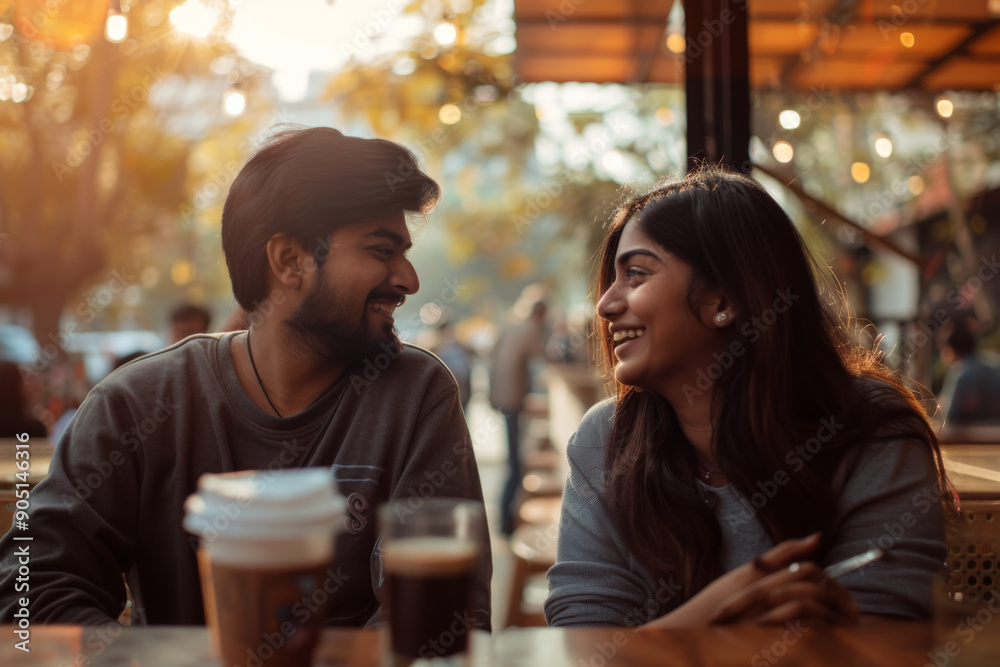 A young Indian ethnic couple having fun and laughing together in a caffe A young Indian ethnic couple having fun and laughing together in a caffe