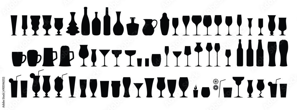 Silhouettes various alcohol cocktail glasses bar set. Black Isolated Glasses of wine, glasses of beer, bar bottles and shot glasses Silhouettes various alcohol cocktail glasses bar set. Black Isolated Glasses of wine, glasses of beer, bar bottles and shot glasses