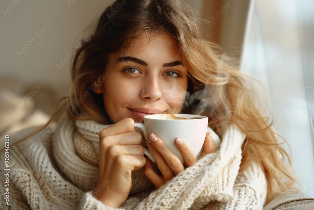 Portrait of a young woman drinking steaming hot coffee Portrait of a young woman drinking steaming hot coffee