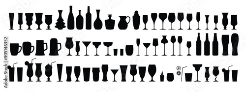 Silhouettes various alcohol cocktail glasses bar set. Black Isolated Glasses of wine, glasses of beer, bar bottles and shot glasses