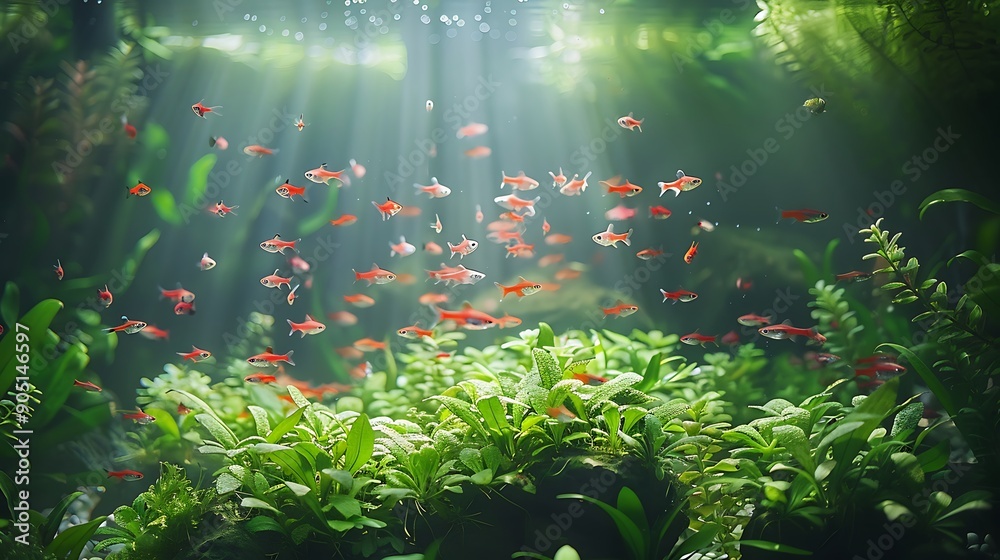 Fototapeta premium A dynamic shot of neon tetras and angelfish darting through a lush, green aquarium filled with aquatic plants and rocks. The soft,