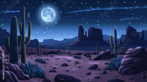 Cartoon vector of an Arizona night desert scene, with coyote pack silhouettes, cacti, rocks, and a full moon shining. photo