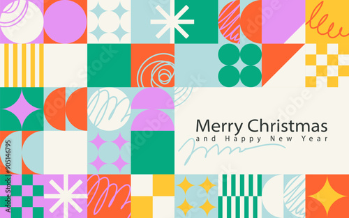 Christmas card with geometric shapes, lines and squiggles, flat style