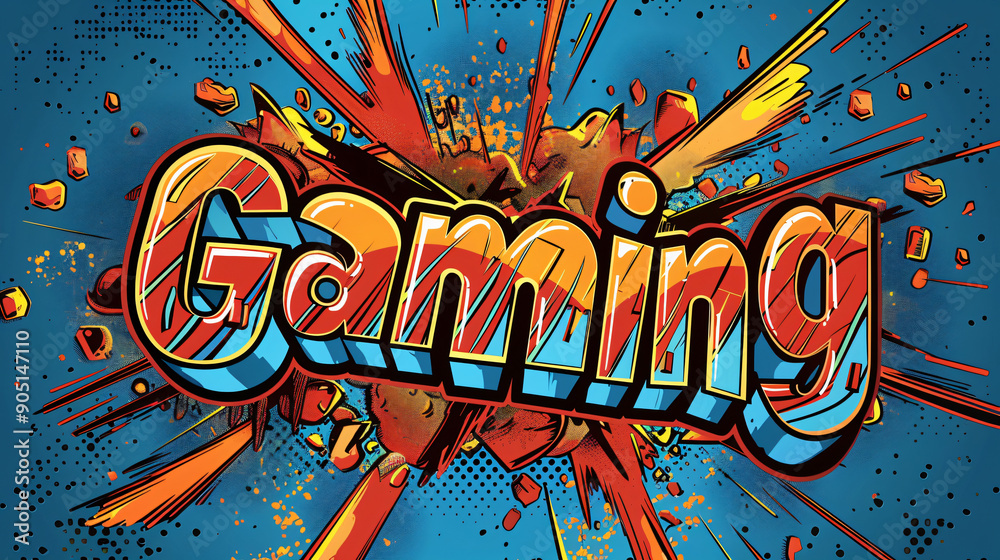 Fototapeta premium Colorful illustration of the word gaming in a comic book style with an explosion effect, evoking action and excitement