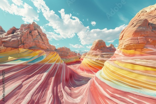 Colorful Swirling Rock Formations in a Desert Landscape photo