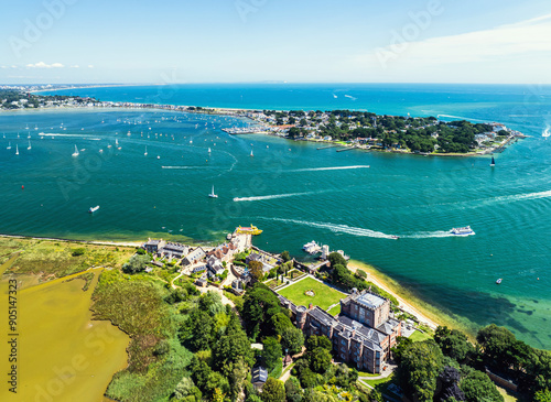 Brownsea Castle on Brownsea Island from a drone, Poole, Dorset, England photo