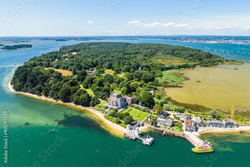 Brownsea Castle on Brownsea Island from a drone, Poole, Dorset, England photo