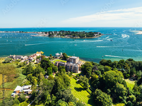 Brownsea Castle on Brownsea Island from a drone, Poole, Dorset, England photo