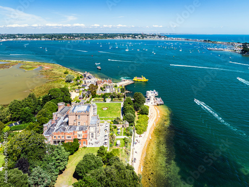 Brownsea Castle on Brownsea Island from a drone, Poole, Dorset, England photo