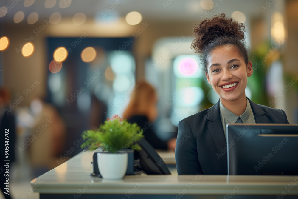 Mixed race woman working as a receptionist or front desk manager. Generative AI