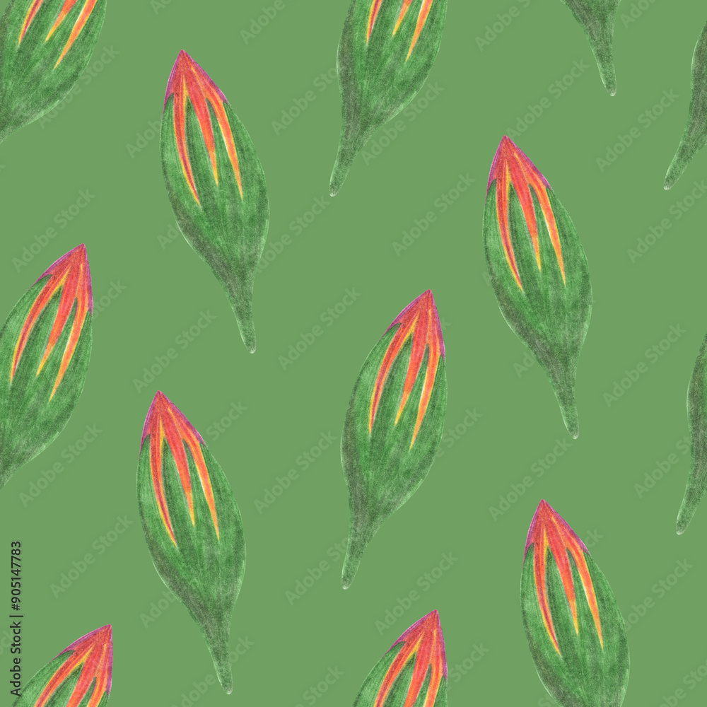 Marigold Flower Bud Seamless Pattern. Floral Bud Digital Paper on Green Background. Marigold Flower Bud Seamless Pattern. Floral Bud Digital Paper on Green Background.