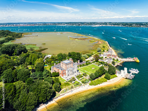 Brownsea Castle on Brownsea Island from a drone, Poole, Dorset, England photo