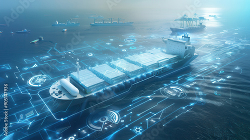 A futuristic cargo ship navigating digital waters, illustrating maritime technology and innovation in shipping logistics.