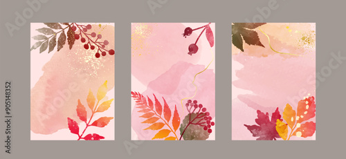 Watercolor abstract background autumn collection with leaves. Print for designed header, banner, web, wall, cards