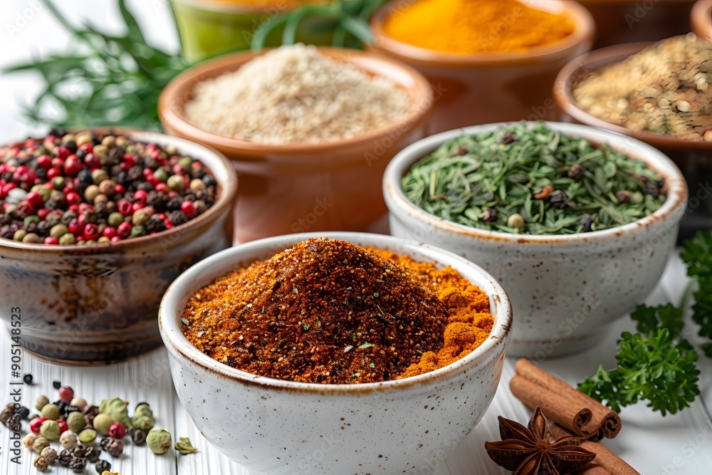 Assorted Spices in Rustic Bowls - Culinary Ingredients for Exotic Cooking and Aromatic Flavors Assorted Spices in Rustic Bowls - Culinary Ingredients for Exotic Cooking and Aromatic Flavors
