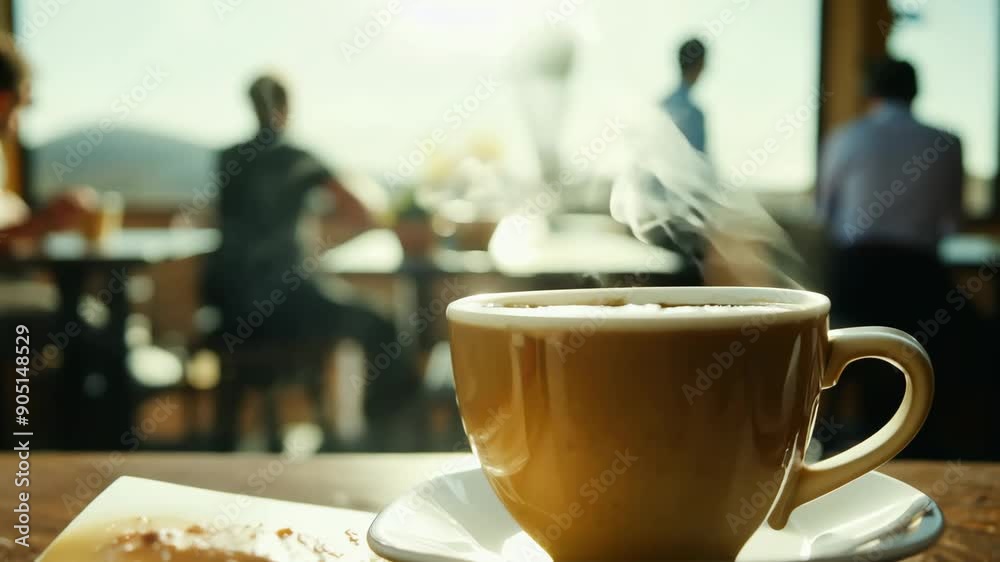 Small cozy cafe coffee shop bakery business enterprise interior sunny morning light proud happy barista offers cheap hot tasty cocoa latte cappuccino americano espresso croissants donuts to customers